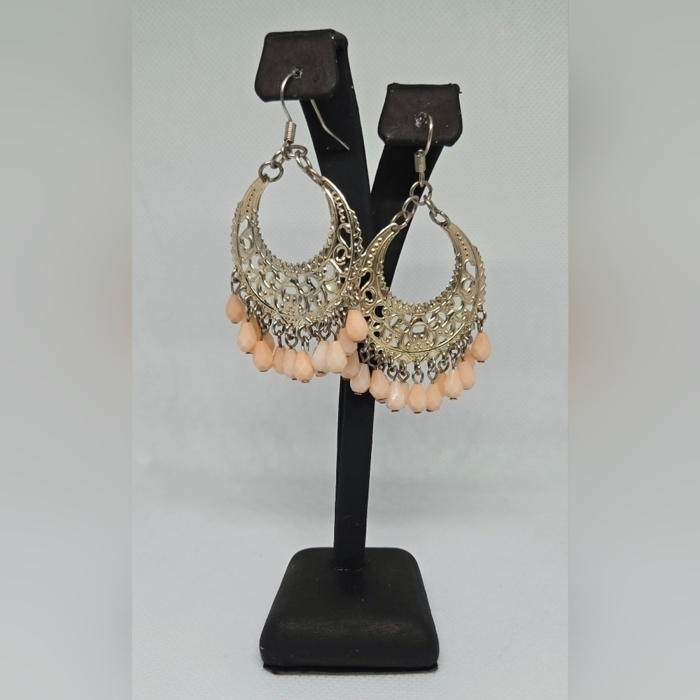 Boho Silver Filigree Peach Beaded Dangle Earrings Statement Fringe